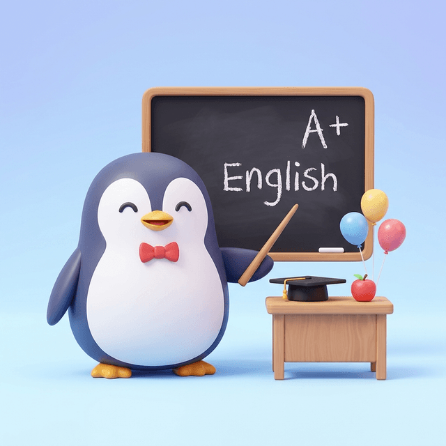Miss Luciana, a penguin teacher assistant, pointing at a classroom board